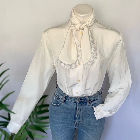 v i n t a g e :: Victorian Lace High Draped Neck Tie Blouse - Picture 3 of 11